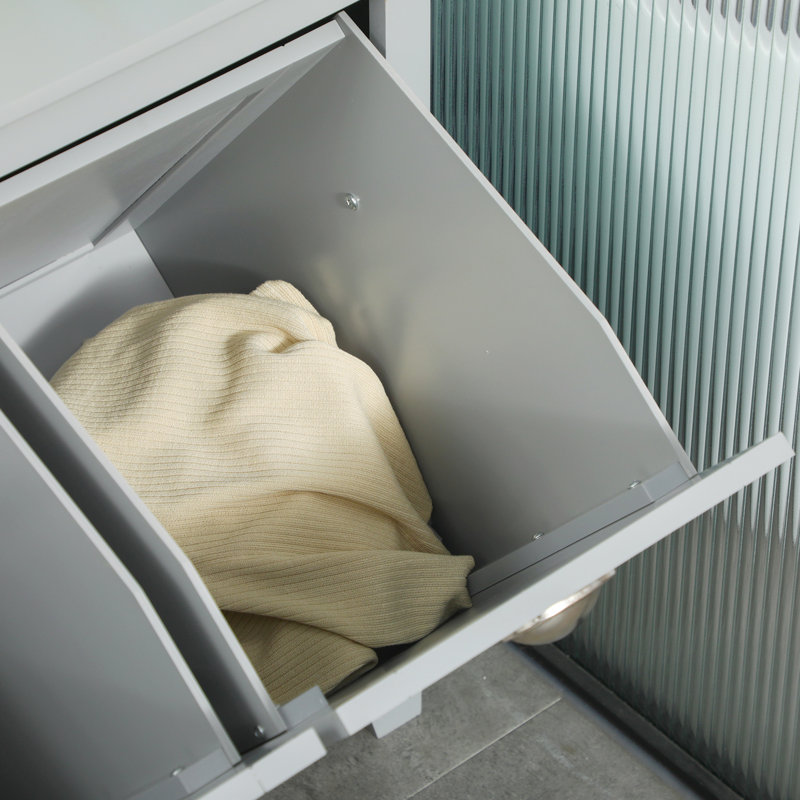 Tilt-Out Laundry Sorter Cabinet, Gray Bathroom Storage With Two Compartments - Ample Towel Storage, Construction, Water- Surface, Toppling Feature, Wall Mount Option, 30" W X 15.72" D 27.5" H Hamper