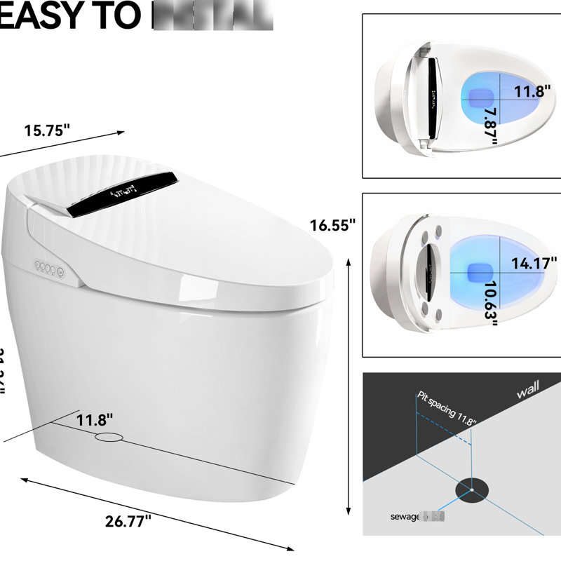 Portable Bidet Toilet With Seat Temperature Control, Auto Flush, And Remote Control - Siphonic Jet Technology, Multiple Flushing Modes, Self Cleaning Smart Instant Warm Water, Hands Operation,