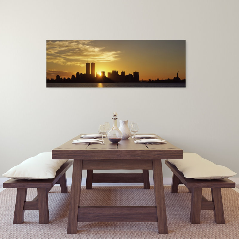 Manhattan Skyline And A Statue At Sunrise Statue Of Liberty New York City New York State USA by Richard Sisk - Wrapped Canvas Panoramic Print