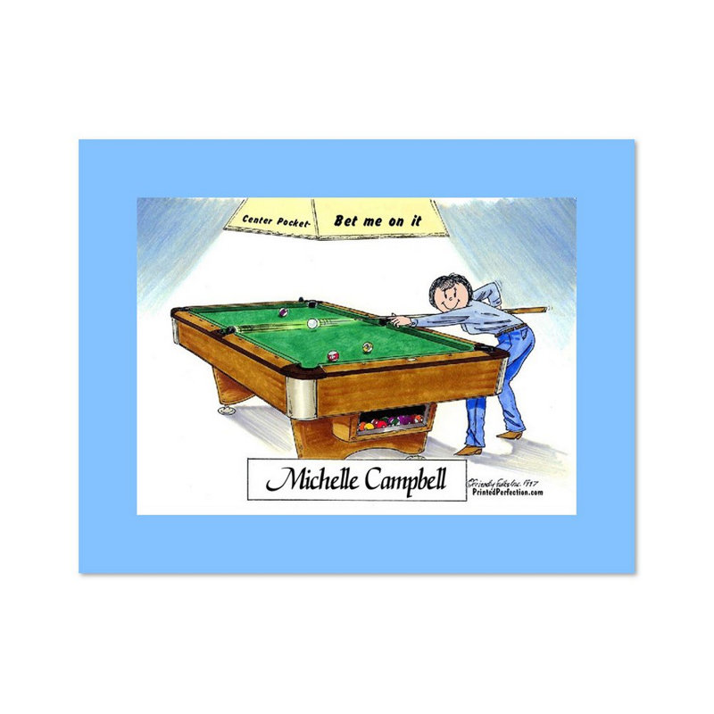 Personalized Billiards, Pool Player - Female Cartoon Caricature with a Mat, Ready to Frame, Yes