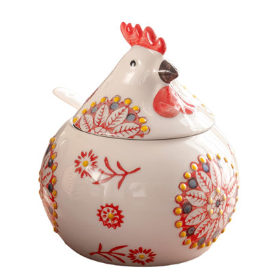 Ceramic Salt Cellar With Lid And Spoon, 13 OZ Large Chicken Salt Jar, Salt Holder For Counter, Coffee, Sugar, Spices And Candies(Red)