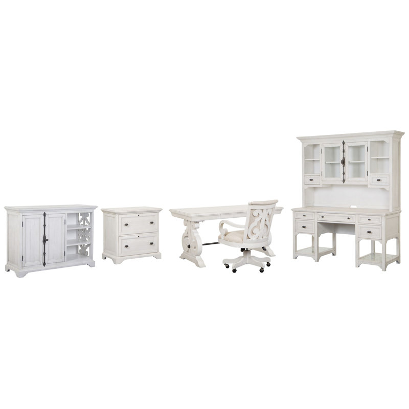 Writing Desk With Chair File Cabinet Printer Stand Credenza And Hutch, 5 Pieces: Desk, Chair, 2 Cabinets, Credenza