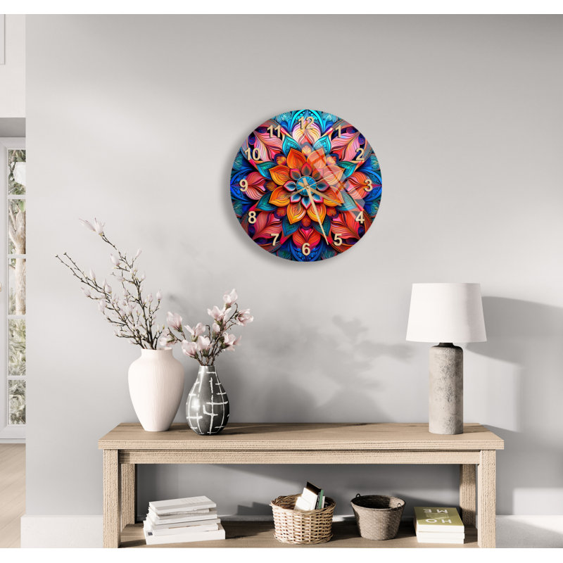 Horloge murale vibrante en verre trempé, Doré, Floral Mandala