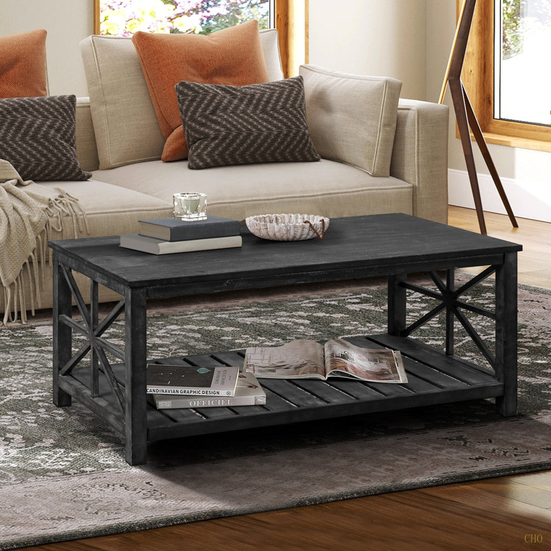 Table basse moderne de 47 pouces avec tablette de rangement, centre de table rectangulaire Farmhouse pour petits espaces, assemblage facile