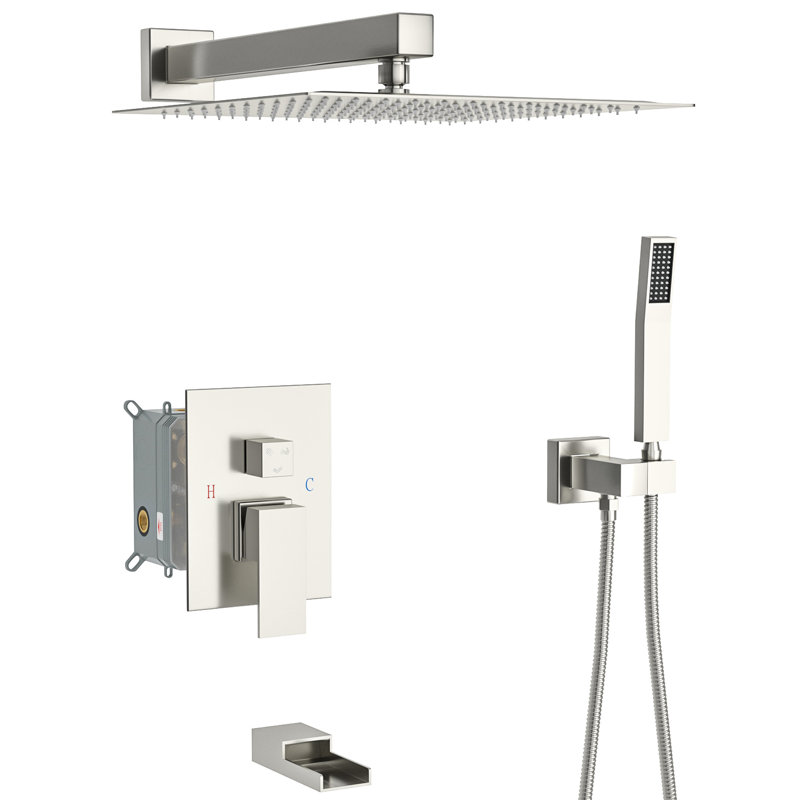 Système de douche avec bec de baignoire en cascade - Carré mural de 10 po en nickel brossé, 3 fonctions, douche à effet pluie, portatif, ensemble de machines Bec en nickel 10 po, composant portatif à pluie