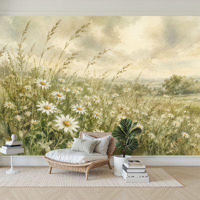 Wall Mural Peel and Stick Wallpaper White Daisies Serene Meadow Subtle Green Self-Adhesive Removable Contact Paper Wall Decor for Living Room Bedroom 100"H x 144"W