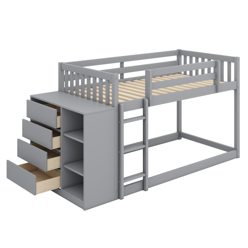 Lit superposé avec 4 tiroirs et 3 tablettes, Simple sur simple, Gris