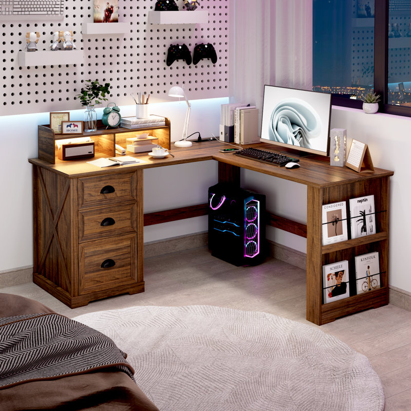 L-shaped Computer Desk With Storage Drawers And Bookshelf, Home Office Workstation With Usb Charging And Led Light, Brown