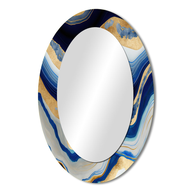 Décoration murale vibrante bleue et dorée Flow Art IV - miroir ovale bleu, 36 po x 24 po