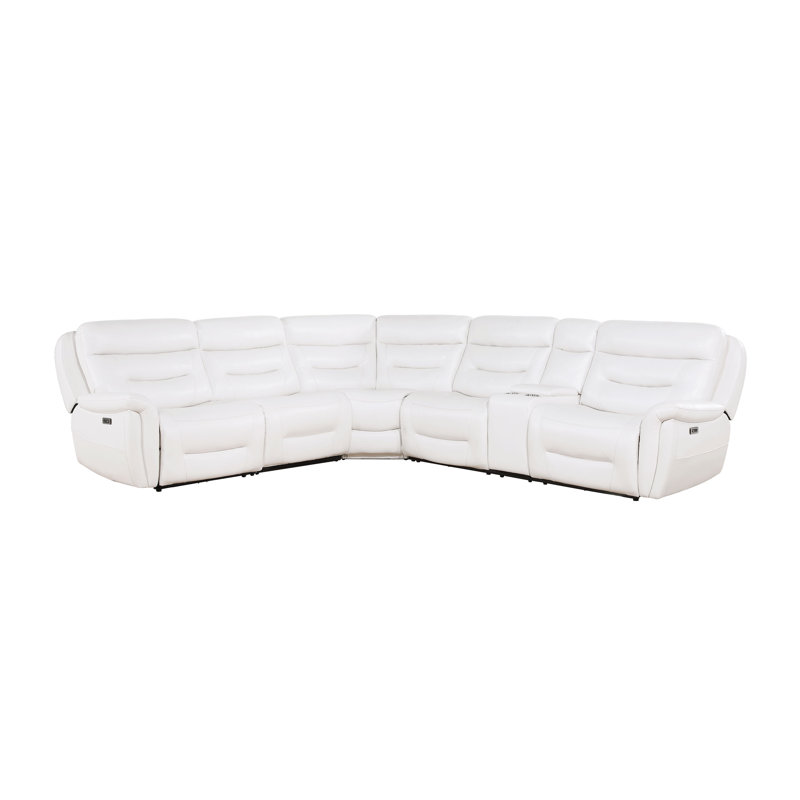 White Faux Leather Sleeper Sectional with Cup Holder and Ottoman