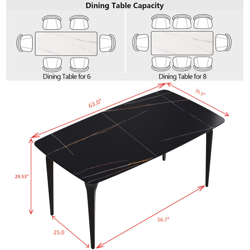 Eniel Rectangular Oval Sintered Stone Kitchen Dining Table With 4 Black Metal Legs, Black, Black, 29.5" H X 35.5" D X 63" L