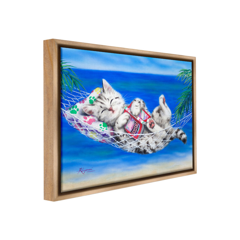 «Kitten Sleeping On Beach Floater Frame» par Kayomi Harai sur toile, Cadre flottant orme Montalcino, H 25 po x l 31 po