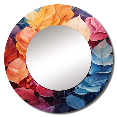 Colorful Leaf Dreamscape I - Leaves Mirror, Traditional Round Unique Wall Mirror, Printed Metal Art