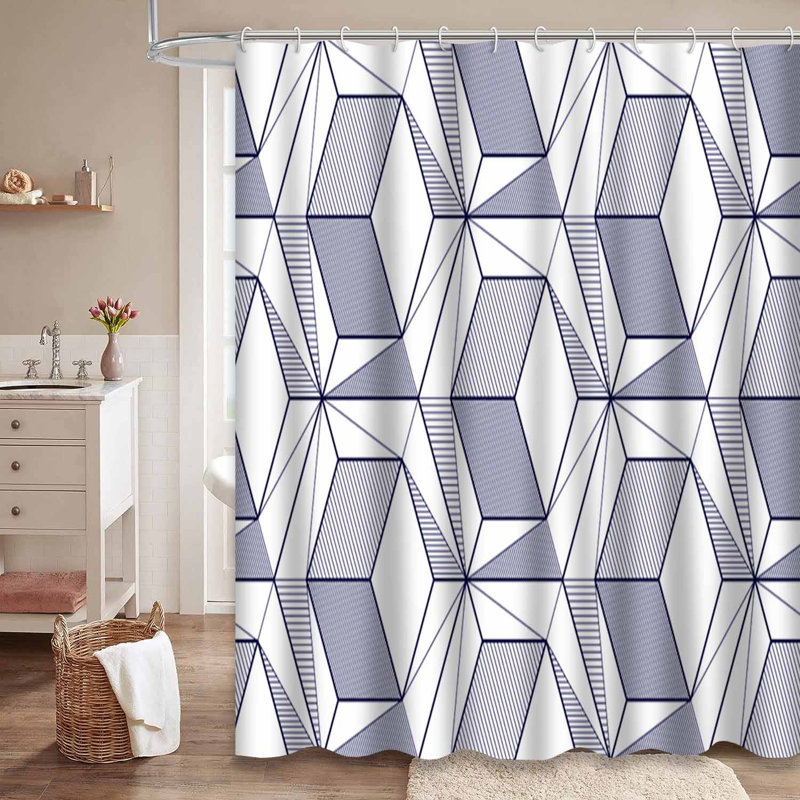 Geometric Abstract Seamless Black White Shower Curtain with 12 Hooks, 72" L x 78" W
