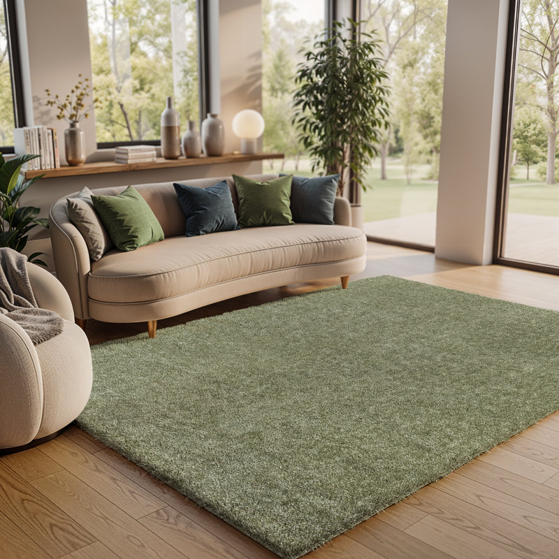 Amneris Modern Boho Soft Fluffy Thick Plush Pile Moss Green Area Rug, Rectangle 120 x 170 cm, Sage, Polyester