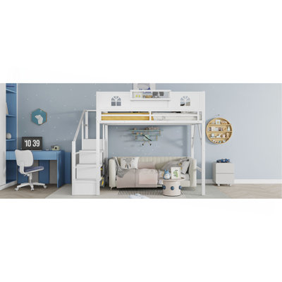 Lit mezzanine avec escalier, lit mezzanine en métal avec garde-corps hauts et en forme de maison, lit mezzanine haut avec garde-robe pour les enfants adolescents