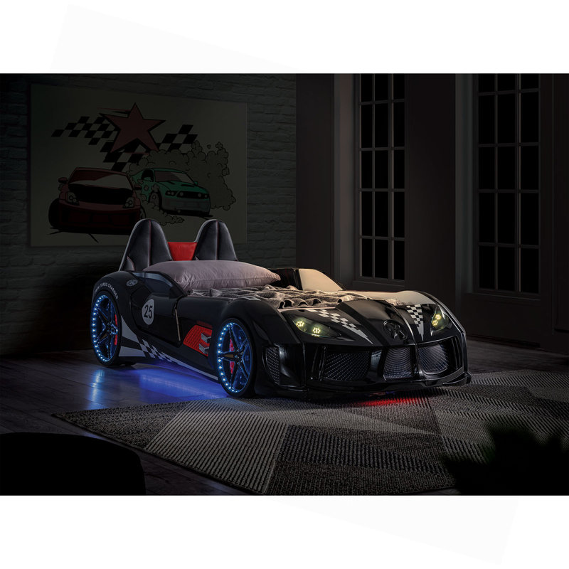 Conception de voiture de course de lit simple de style moderne moderne avec deux portes magnétiques avec lumières DEL sur roues et revêtement inférieur noir