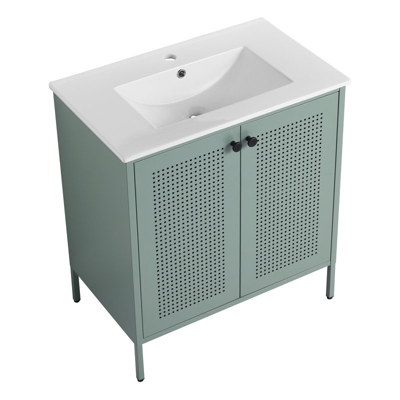 Meuble-lavabo autoportant avec lavabo en céramique, Vert menthe