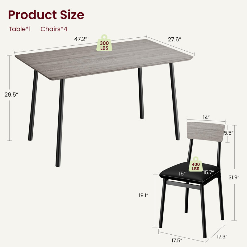 Ensemble de table de salle à manger rustique gris pour 4 avec 4 chaises rembourrées - table de cuisine en bois à bords biseautés, structure en métal robuste pour petits espaces et appartements