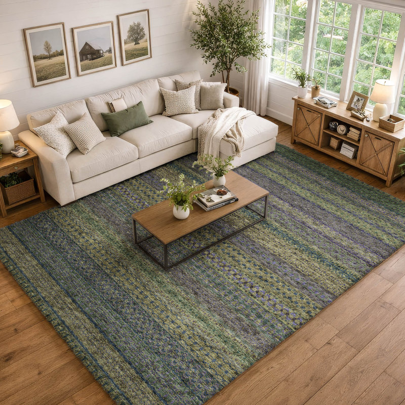 Premium Machine Washable Dream Shag ADS527 Striped Rug, Olive, 5' x 7'6"
