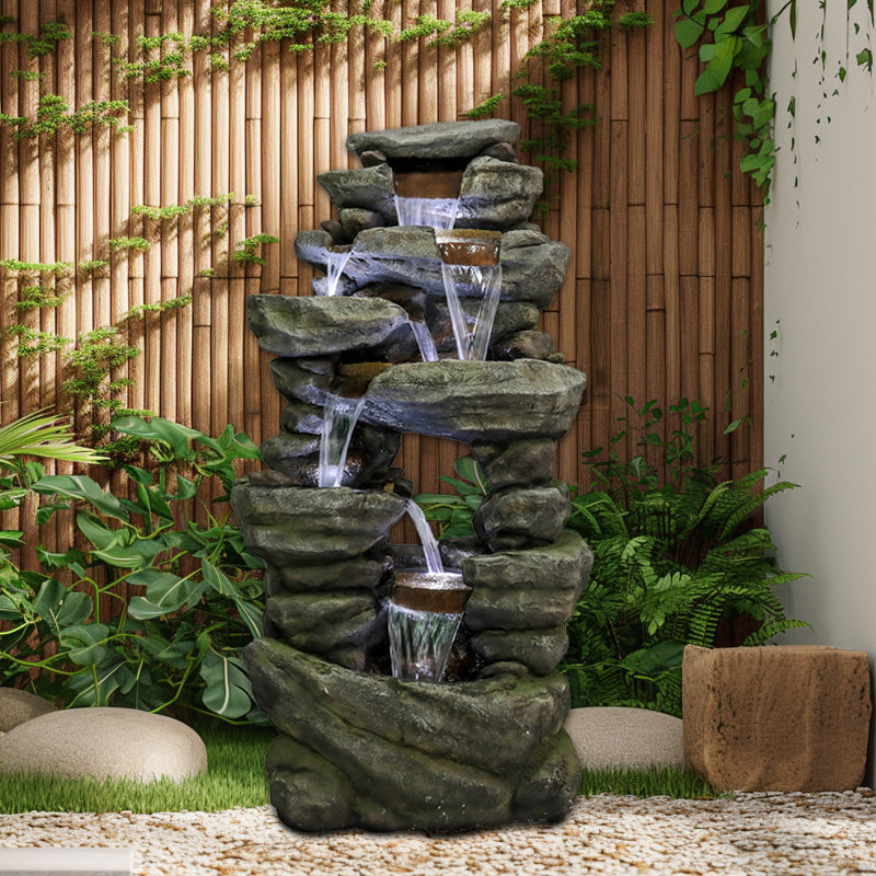 Fontaine cascade de sol autoportante 60 po à 7 niveaux avec éclairage à DEL et pompe pour cour de jardin et décoration de terrasse