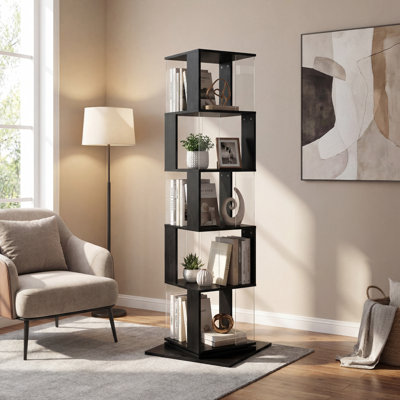 360° Rotating Bookshelf With Acrylic Plate, 5-Tier Tall, Floor Rack Simple Bookcase, Modern Display Shelf For Living Room/Home Office/ Bedroom