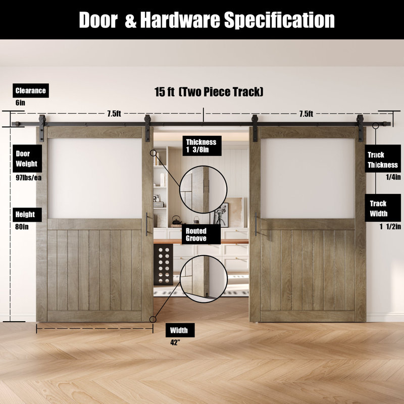 Portes de grange non assemblées et finies en verre à double vitrage de 42 po x 80 po Homacer Classic gris Homacer