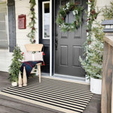 Tapis d'extérieur en coton rayé noir et beige 3 pi x 5 pi, tissé à la main, lavable à la machine, parfait pour une porte d'entrée, une cuisine ou un salon