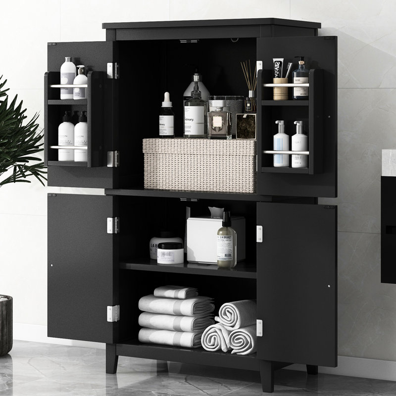 Unité de salle de bain noire - Tablette réglable à 4 portes pour une armoire à 4 portes peu encombrante, Noir