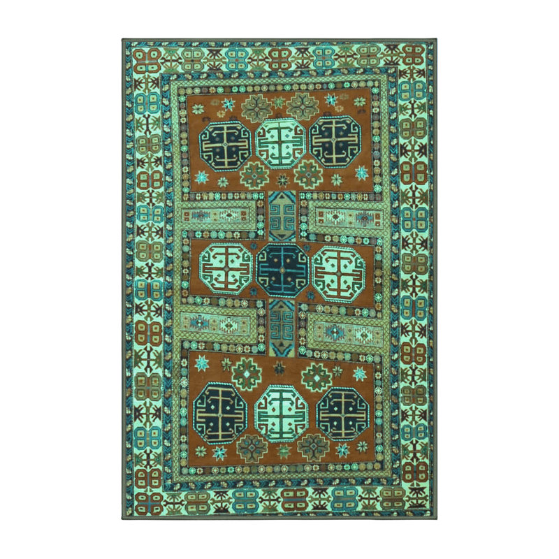 Tapis turquoise / orange / bleu marine tissé à la machine, Rectangle 2 pi x 3 pi