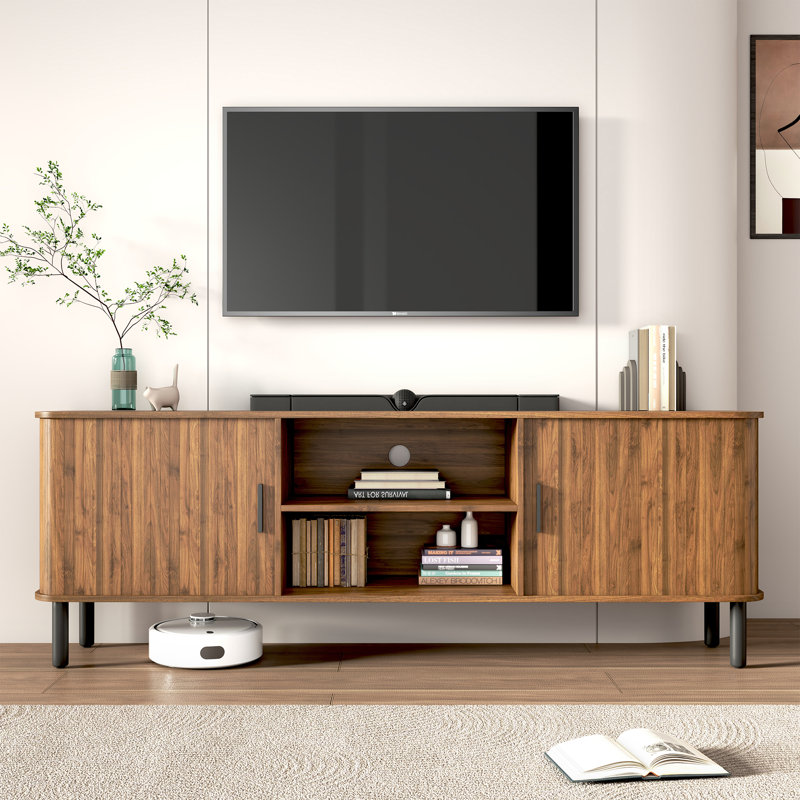  70" Modern Tv Stand For Tvs Up To 80", Tv Stand With Sliding Doors And Storage Shelves, Brown