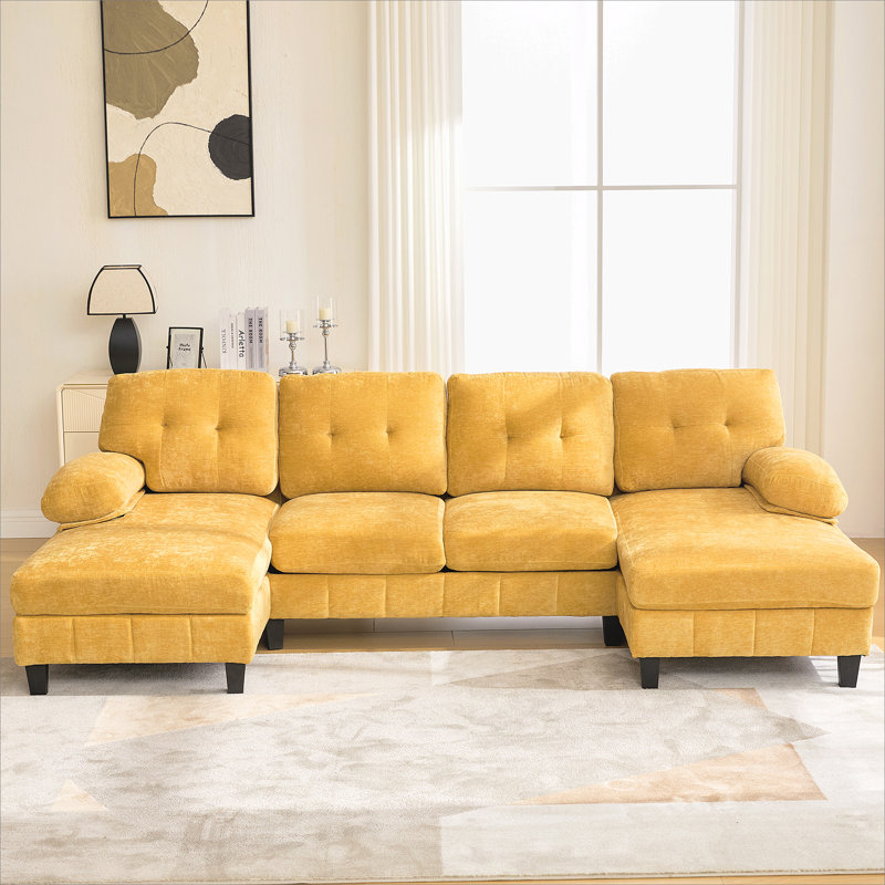 Canapé modulaire en U en chenille de 103,5 po avec double méridienne, poches de rangement et coussins d'accoudoirs pour le salon, jaune