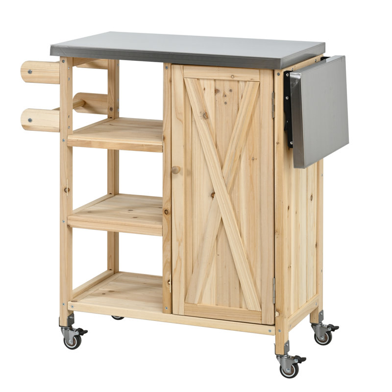 Chariot-bar en bois massif, îlot de cuisine extérieur pliable, îlot de cuisine pour patio, Naturel