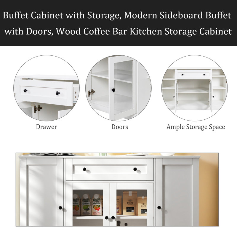 Buffet avec rangement, buffet moderne avec portes, armoire à café en bois avec tiroir et tablette réglable pour la cuisine, la salle à manger et le salon, blanc