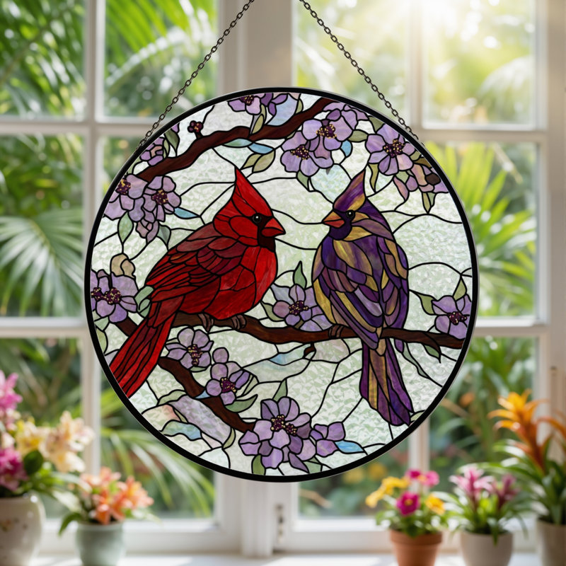 Vitrail de vitrail floral 7,8 "H Cardinal, H 7,8 po x l 7,8 po