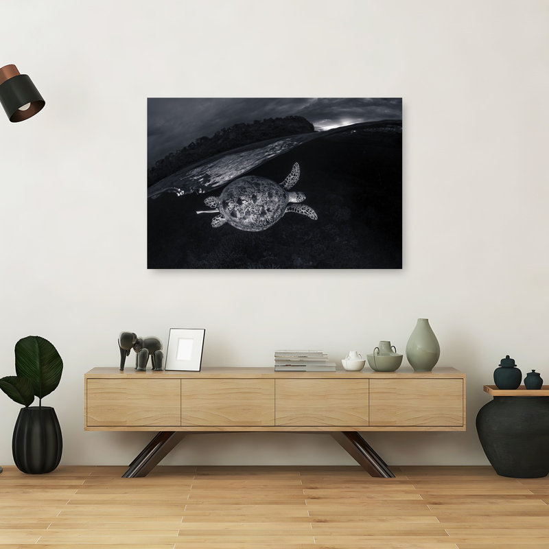 Dark Ocean Turtle Dramatic Peaceful Serene Turtle Coastal Nature Wall Art Print 1 Piece Wrapped Canvas Wall Art