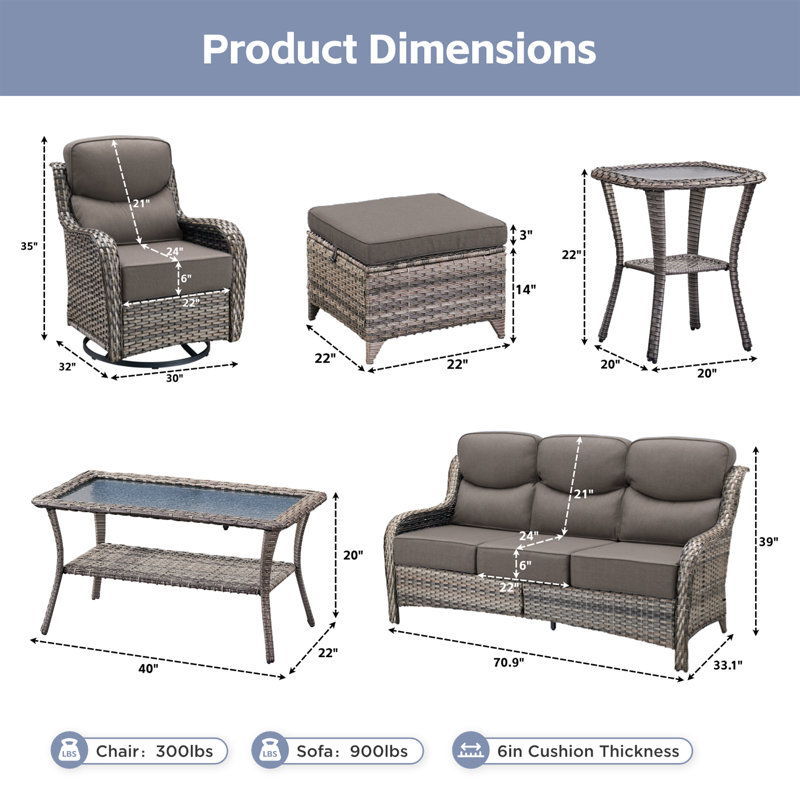 5-7 Person Outdoor Wicker Patio Conversation Set With Ottomans, Gray, Gray