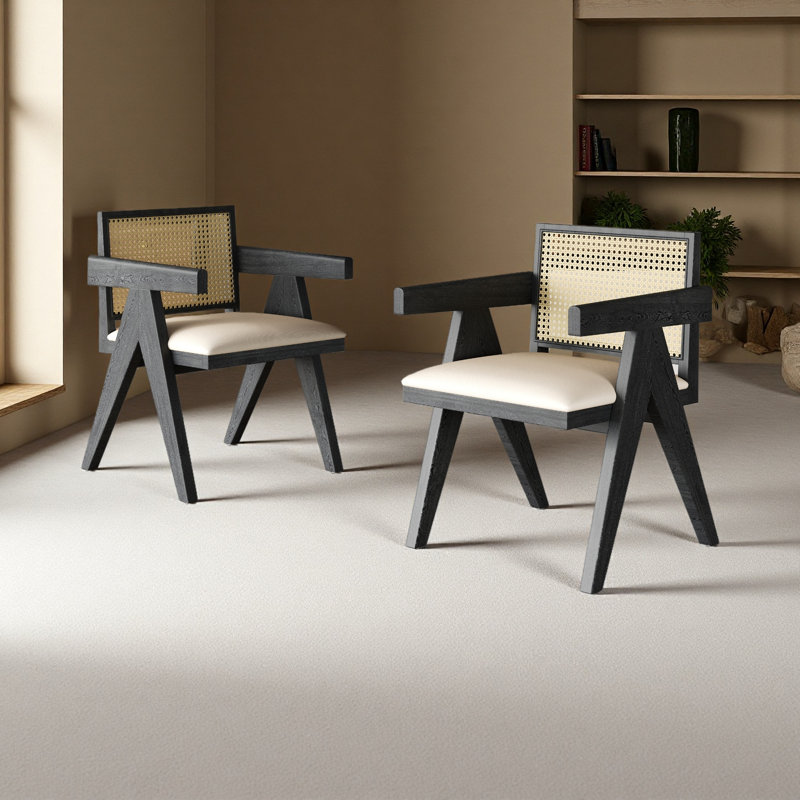 Margaruite Rattan Dining Chairs With Cushion Seat, Black