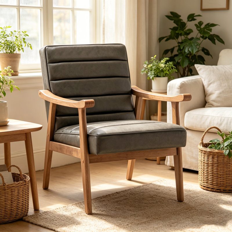 Chaise d'appoint de style Mid-Century moderne avec structure en bois massif et accoudoirs à cadre ouvert, fauteuil en microfibre d'aspect cuir, siège et coussin de dossier rembourrés pour le salon, la chambre et le bureau