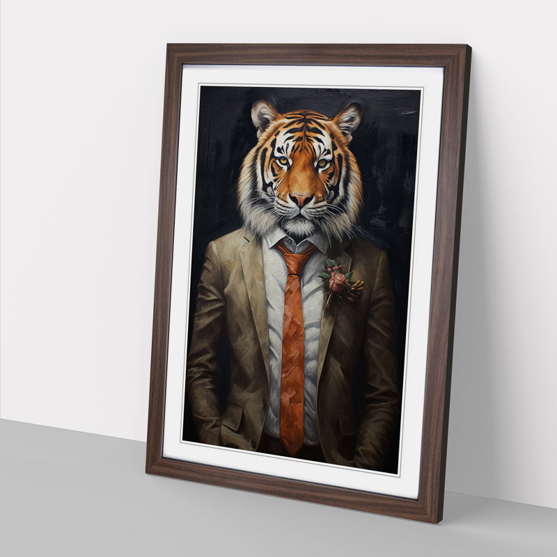 Tiger In A Suit Painting No.3 - Single Picture Frame Print on Wood, Walnut, 46cm H x 34cm W x 2cm D
