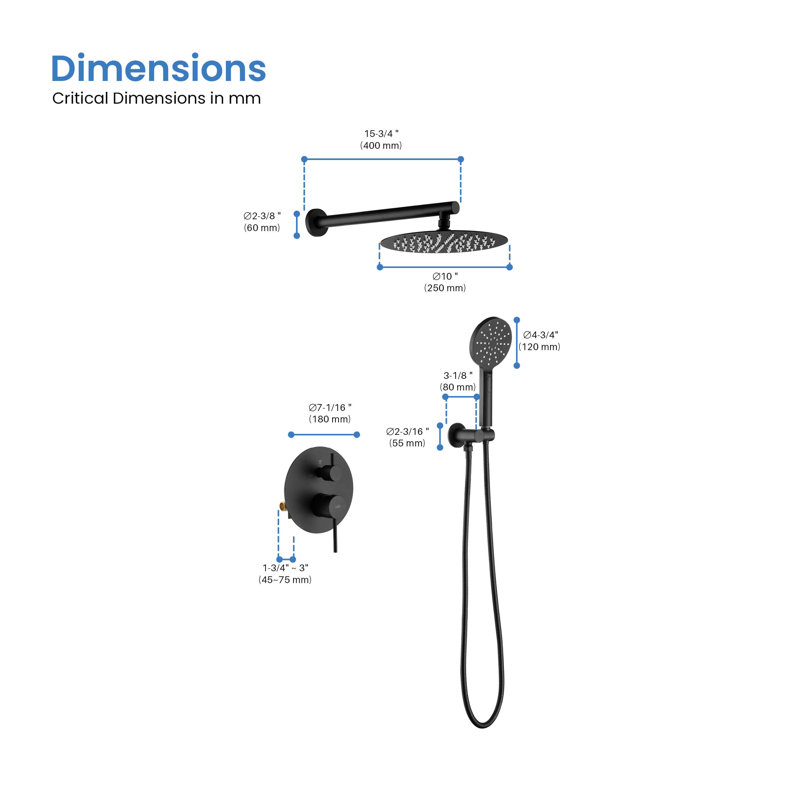 Robinet de douche circulaire avec valve brute, Noir mat