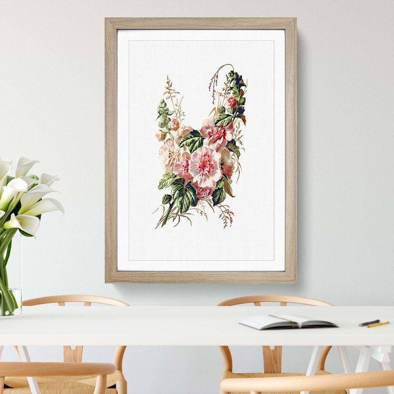 Hollyhock Flower Illustration - Framed Print, 48cm H x 36cm W x 2cm D, Oak Framed