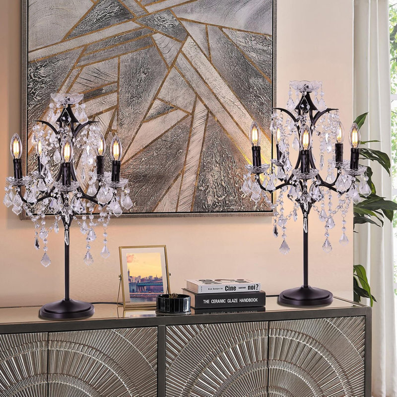 5-Light Farmhouse Crystal Table Lamp With Candelabra Design, Traditional Black Craft Lighting Fixture For Living Room, Bedroom, Office