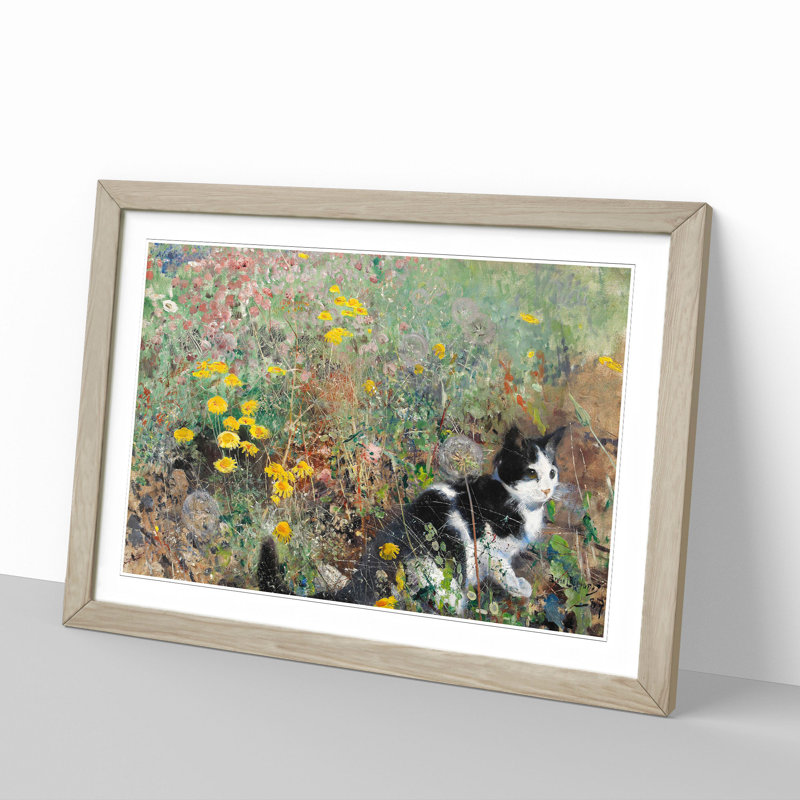 Cat on a Flowerbed by Bruno Liljefors - Picture Frame Painting, Oak Framed, 27cm H x 36cm W x 2cm D
