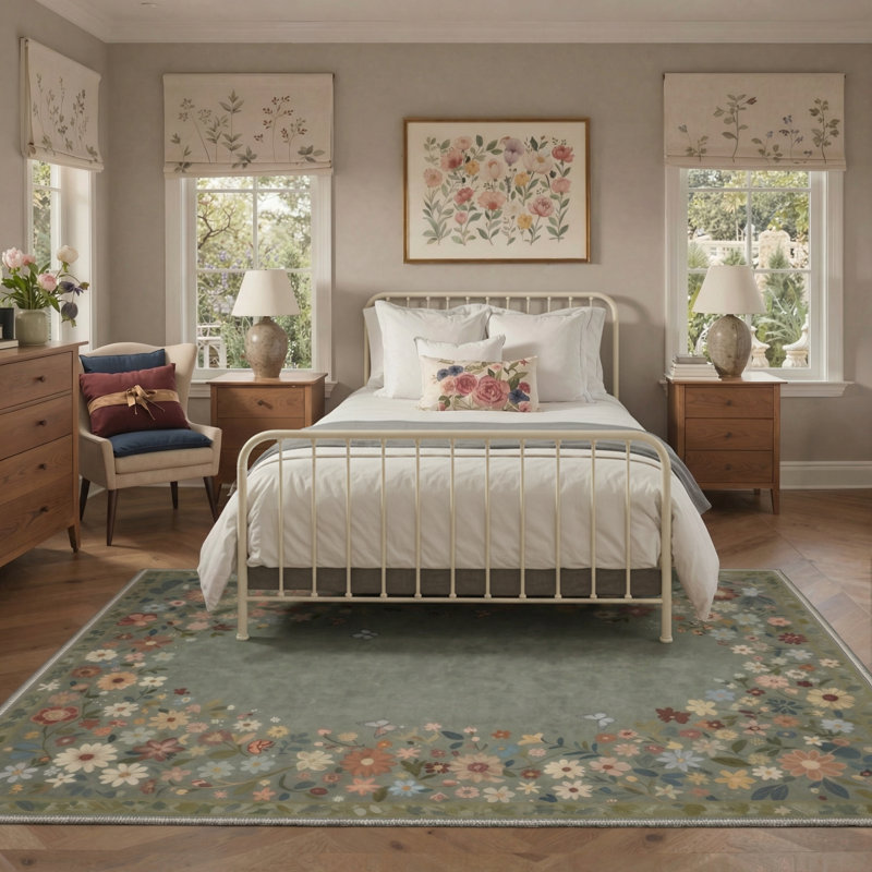 Botanique Floral Machine Washable Green Indoor Area Rug with Non-Slip Backing, Round 5'