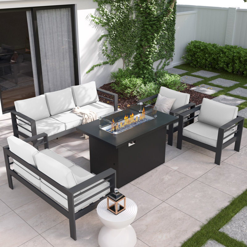 7-Person Sofa Seating Group With Fire Pit Table, Light Gray, Gray