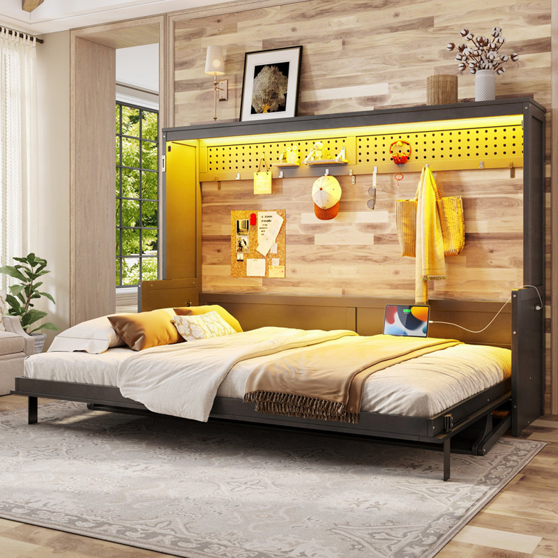Grand lit escamotable avec bureau, station de charge USB, lumières DEL, gris foncé, Grand lit, Gris foncé
