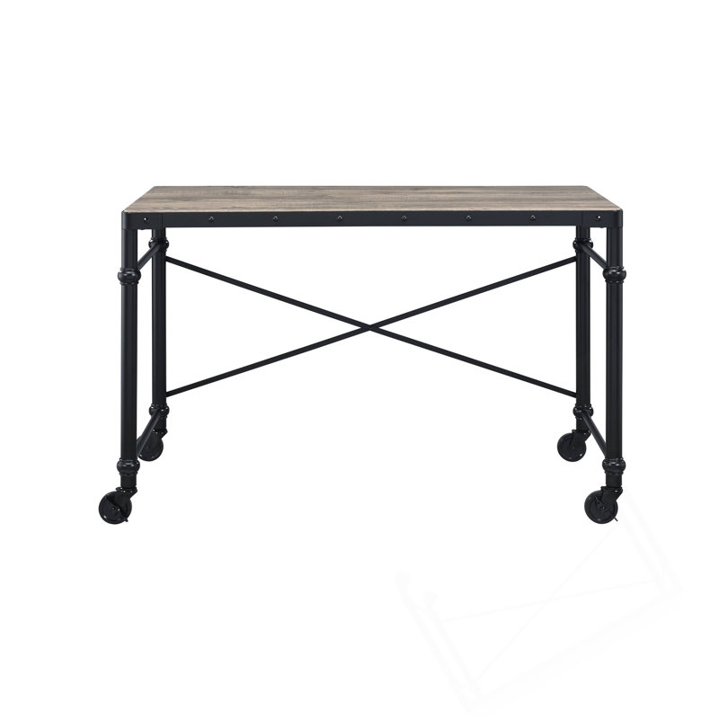 Industrial Writing Desk With Black Metal Frame And Mobile Wheels