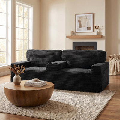 91.7" No-Leg Compression Sofa, Plush Corduroy  with Built-in Cup Holders and Side Storage Pocket for Living Room