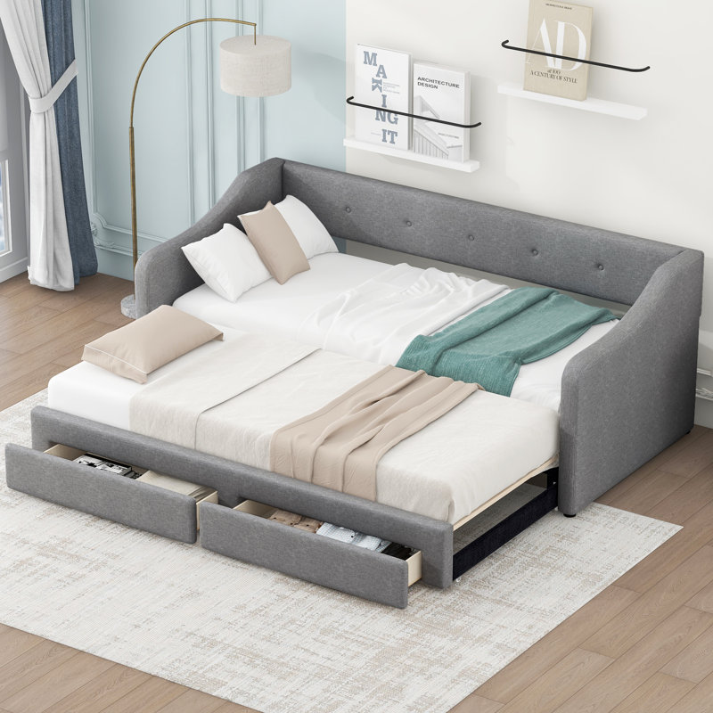 Lit de jour simple tapissier très grand avec deux tiroirs, gris
